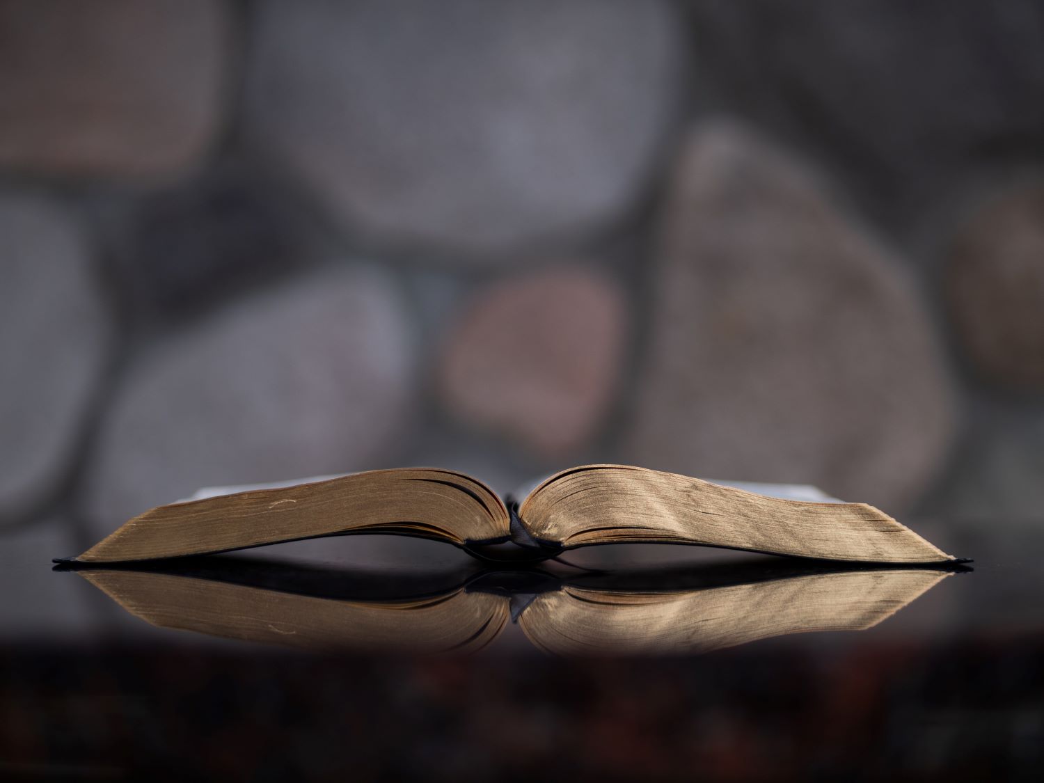 bible laying on table with rock background