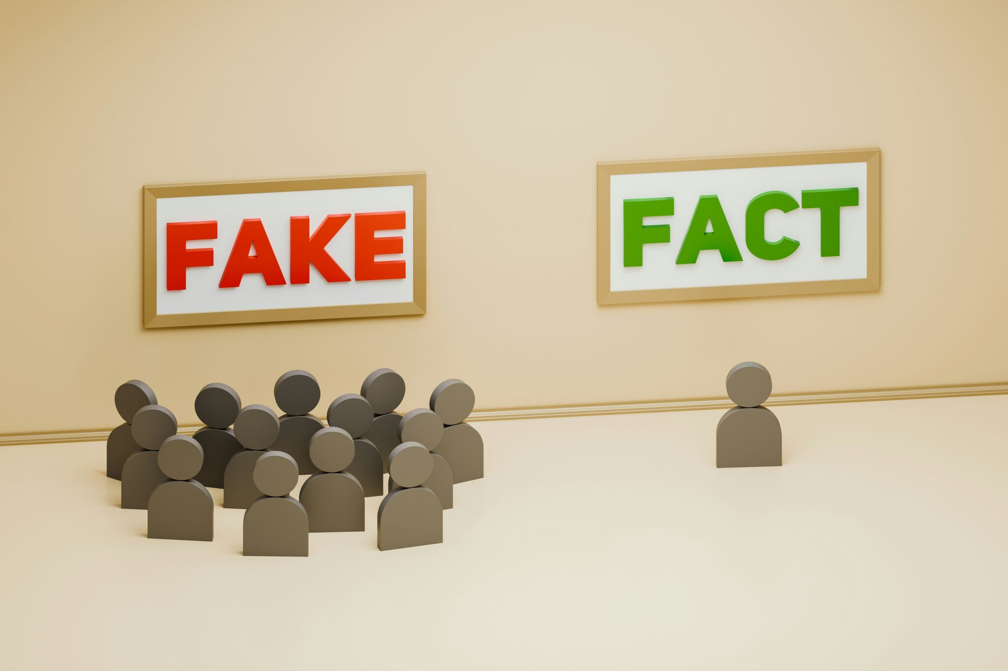 cardboard people under a "fake" sign and 1 cardboard person under a "fact" sign illustrating the deception that's coming as signs of christ's return